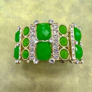 Green Enamel Stone and Clear Rhinestone Stretch Bangle